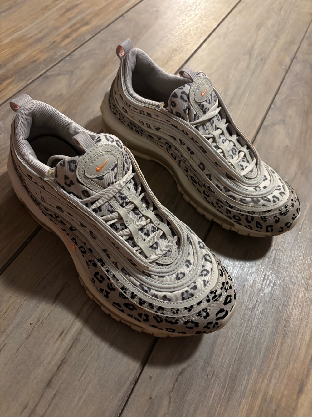 Nike Women’s Leopard Print Sneakers - Light Gray with Orange Swoosh